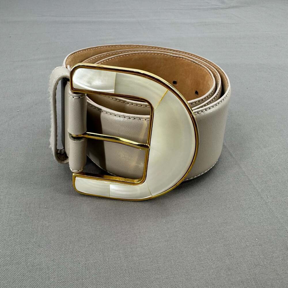 Liz Claiborne White Pearl-Embellished Leather Belt with Gold Buckle, Size Large